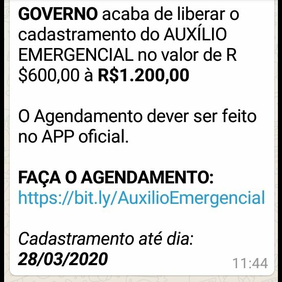 Acima print fotográfico do conteúdo da mensagem que circulou em diversos grupos de Whatsapp.