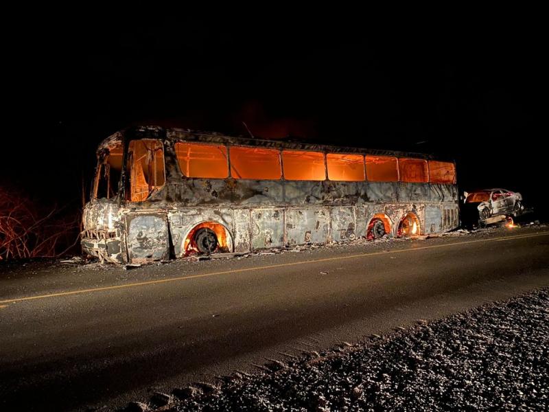 Incêndio destrói ônibus e carro na BR-316, no Norte do Piauí — Foto: Divulgação/PRF