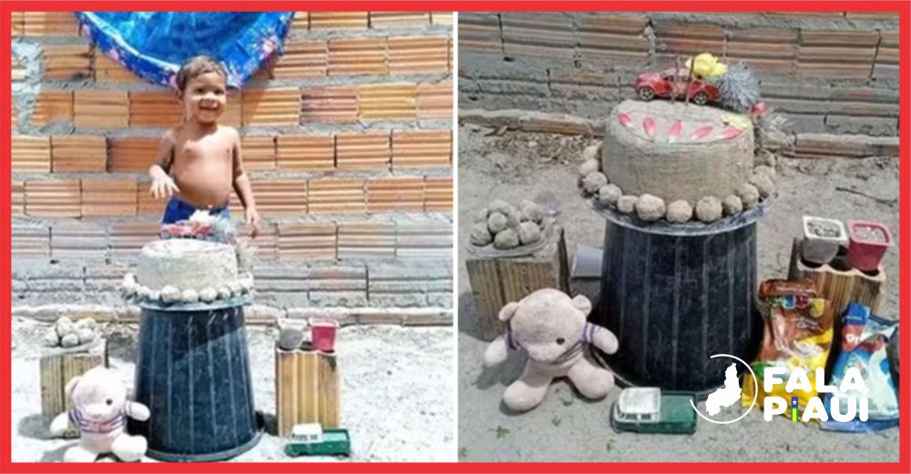 No Piauí, menino de 2 anos comemora aniversário com bolo e docinhos de areia e comove internautas