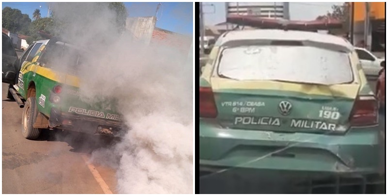 Viatura rodando sem vidro e batida. (imagem reprodução).