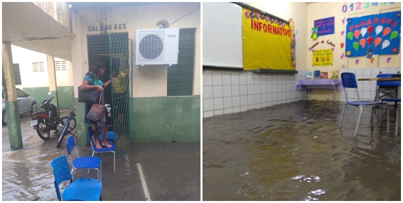 Escola tem aulas suspensas após salas ficarem alagadas durante forte chuva em Teresina — Foto: Reprodução