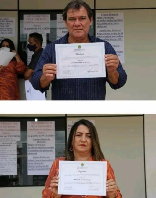 Fotos divulgação prefeito eleito Gustavo Medeiros do Democratas e vice prefeita eleita Orcivani Coelho do progressistas 